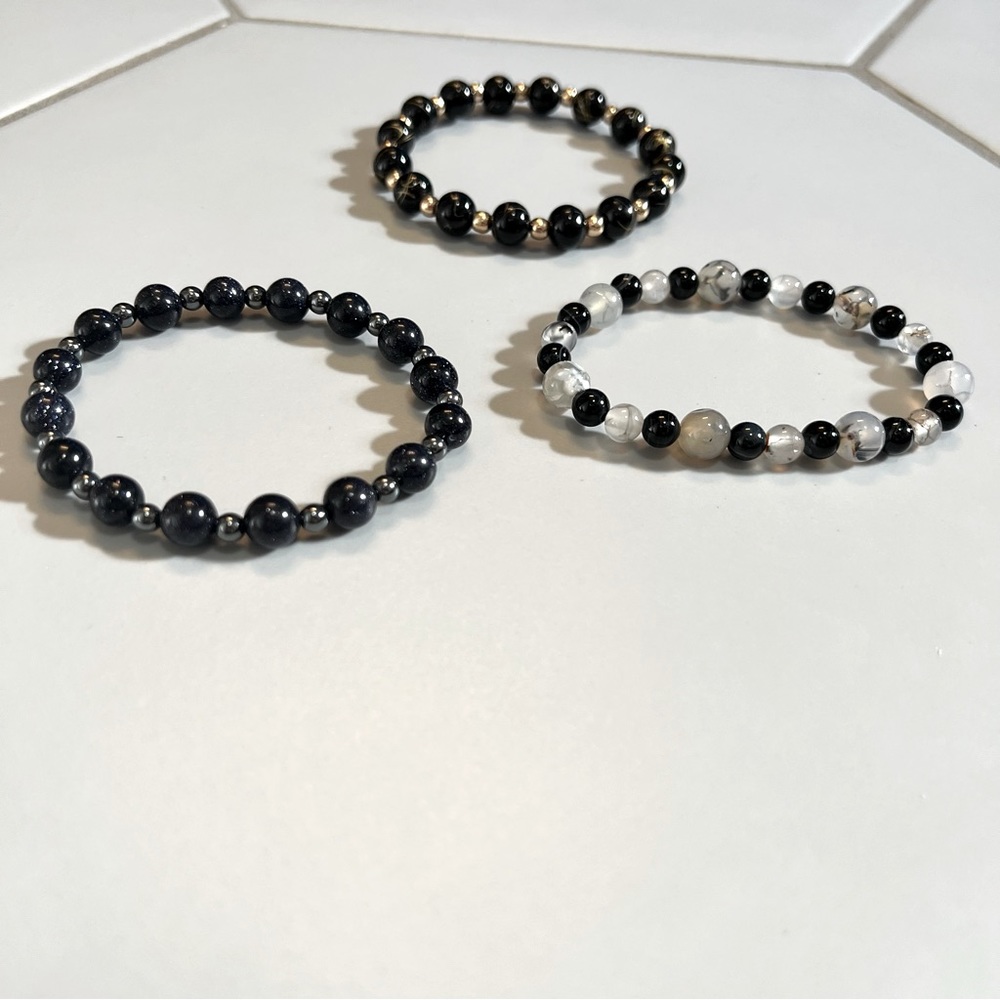 Beaded Bracelets Crystals Set Glass Black Grey Gray Sparkle